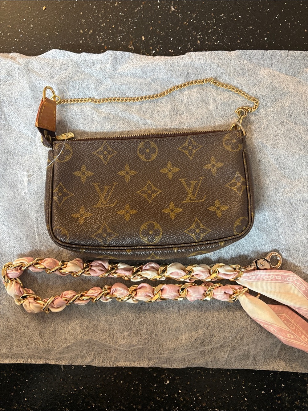 Louis Vuitton Brown Monogram Mini Pochette with Pink Chain Strap